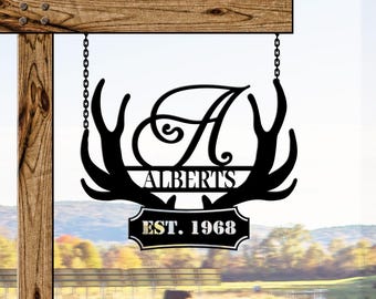 Hunting Monogram Metal Wall Art  | Personalized Monogram Sign | Monogram Antler Metal Sign | Deer Hunter Gift |  Weatherproof Metal Sign