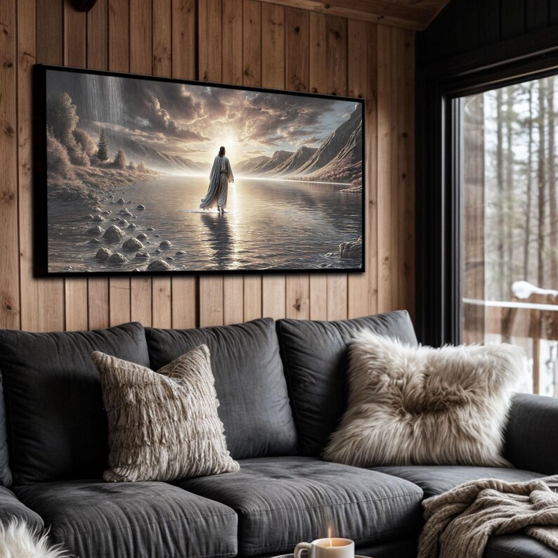 May include: A framed canvas print depicting a man walking on water towards a bright light. The scene is set against a backdrop of mountains and a cloudy sky.