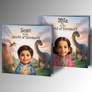 May include: Two children's books titled "Sean in the World of Dinosaurs" and "Mila in the World of Dinosaurs." Each book cover features a child, a dinosaur, and a landscape with a sunset and a flying pterodactyl.