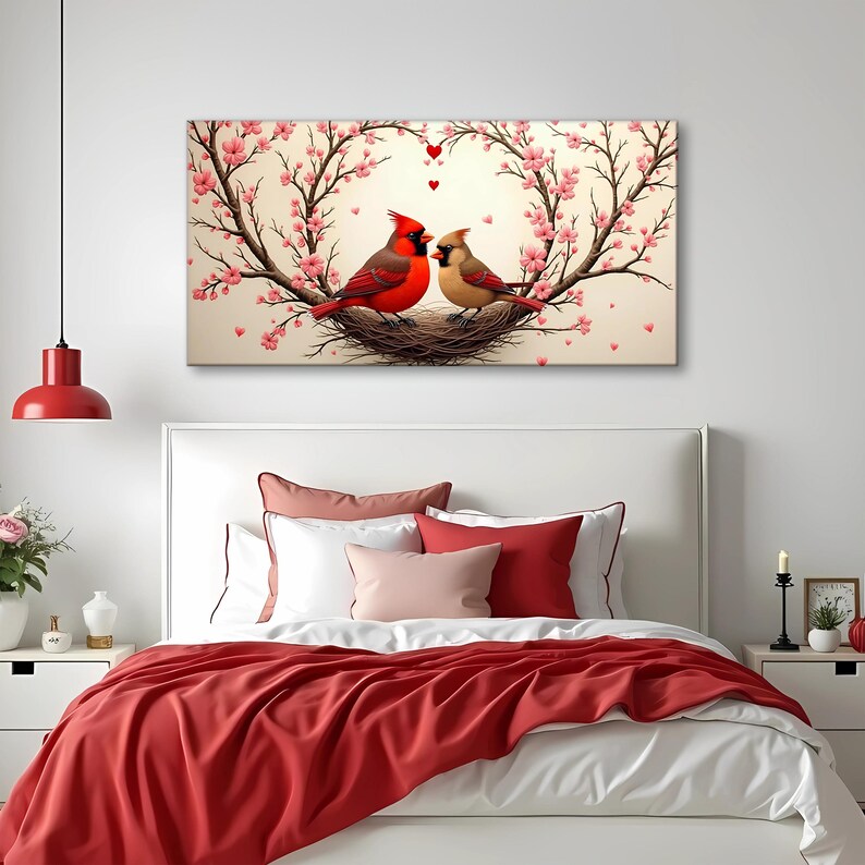 May include: A painting of two red cardinals perched in a nest surrounded by pink cherry blossoms. The birds are facing each other and appear to be in love. The background is a light beige color.