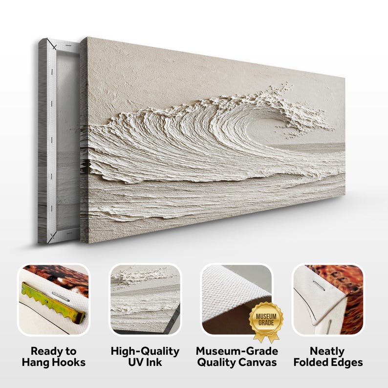 May include: A textured canvas print depicting a breaking wave in shades of white and beige. The artwork features a three-dimensional effect, with visible brushstrokes creating a sense of movement. The canvas is stretched on a wooden frame, ready to hang.
