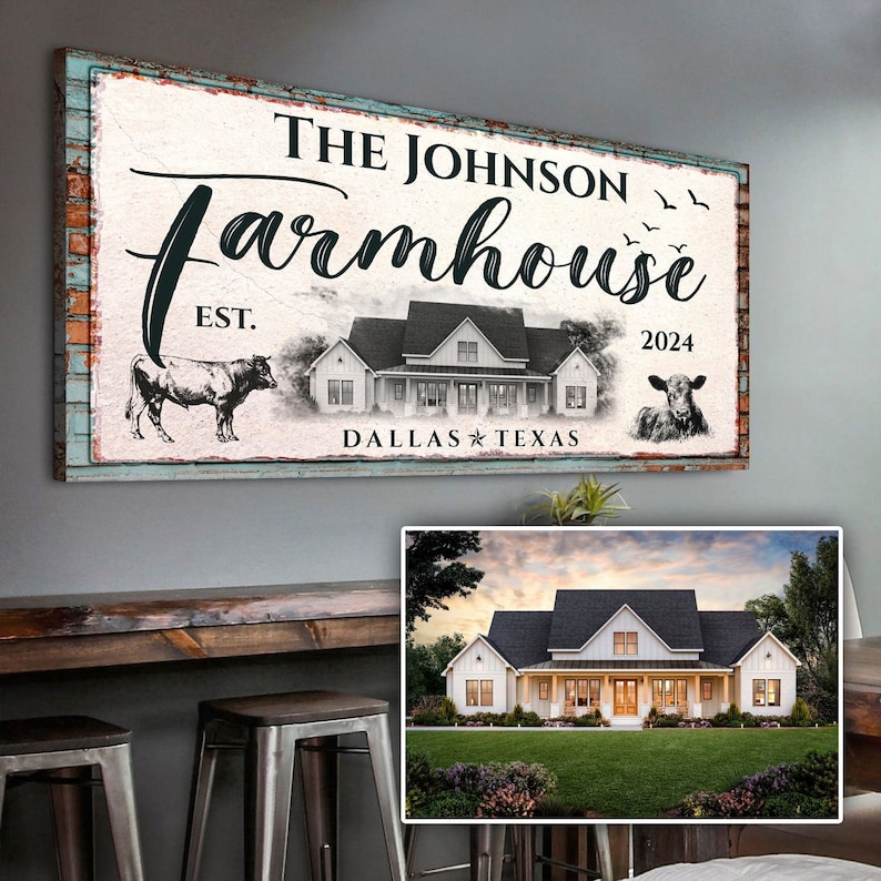 May include: A rectangular farmhouse sign with the text "The Johnson Farmhouse" and "Est. 2024 Dallas Texas". The sign features a black and white image of a farmhouse, a cow, and a calf. The sign has a distressed, rustic look.