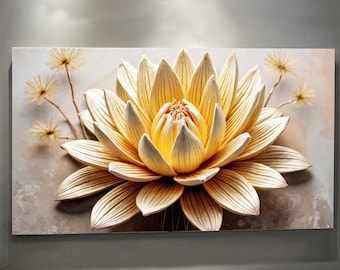 May include: A 3D wall art piece featuring a large, golden lotus flower with detailed petals. The artwork includes delicate, dried flower accents and is set against a neutral, textured background. The overall aesthetic is elegant and nature-inspired.
