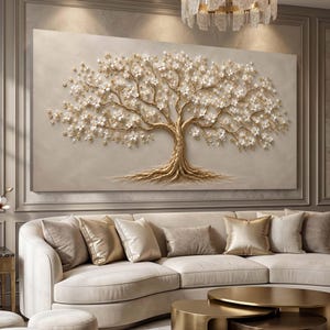 May include: A large rectangular wall art piece featuring a textured gold tree with white blossoms against a beige background. The tree has a prominent trunk and spreading branches that extend across the canvas, creating a three-dimensional effect.