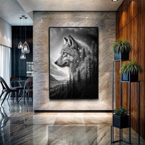 Wolf Double Exposure Wall Art | Black and White Canvas Print | Mystical Wolf Art | Forest Wolf Decor | Modern Art | Gift for Wildlife Lovers