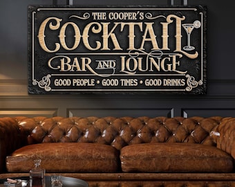 Personalized Cocktail Bar And Lounge Sign | Personalized Bar Sign | Cocktail Bar Canvas Sign | Man Cave Sign Decor | Cocktail Lounge