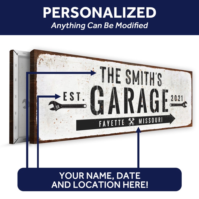Puede incluir: Un letrero blanco con texto negro que dice "The Smith's Garage Est. 2021 Fayette Missouri". El letrero tiene un aspecto desgastado y presenta iconos de llaves inglesas a cada lado del texto.