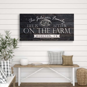 May include: Black and white sign with the text "The Johnson Family Life is Better On The Farm Houston, TX Established 2009". The sign has a distressed wood background and a small image of a farmhouse.