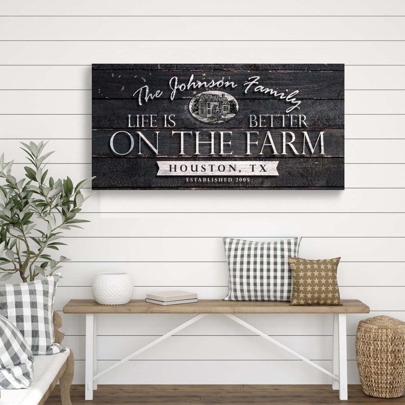 May include: Black and white sign with the text "The Johnson Family Life is Better On The Farm Houston, TX Established 2009". The sign has a distressed wood background and a small image of a farmhouse.