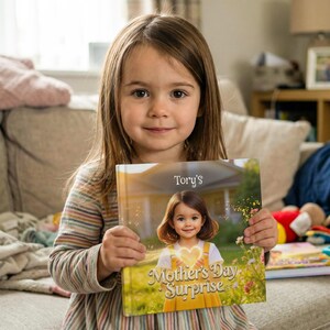 Peut inclure: Une jeune fille tient un livre personnalis&eacute; intitul&eacute; "Mother's Day Surprise de Tory". La couverture pr&eacute;sente une photo de la fille avec un c&oelig;ur lumineux et une sc&egrave;ne ext&eacute;rieure ensoleill&eacute;e. La fille porte une chemise ray&eacute;e et sourit.