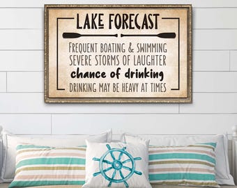 Letrero de pronóstico del lago / Decoración de letrero para casa del lago / Arte de pared rústico junto al lago / Arte de pared de cabaña / Letrero de regalo para casa del lago / Decoración divertida de pared de cabaña