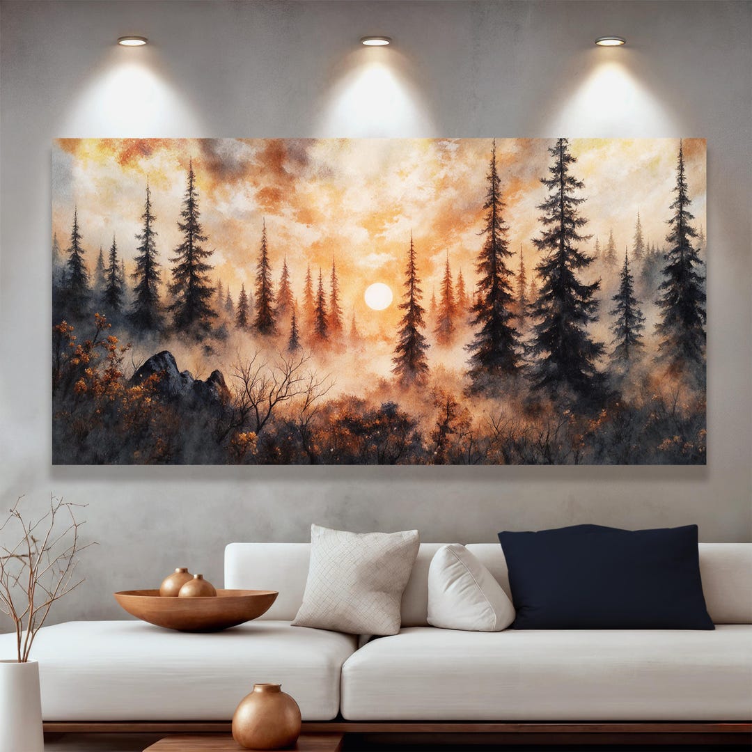 Rustic Forest Sunset Wall Art | Forest Sunset Canvas Wall Art | Misty ...