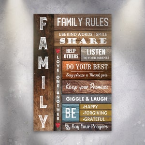 A farmhouse canvas sign with set of family rules on a wooden-inspired background.