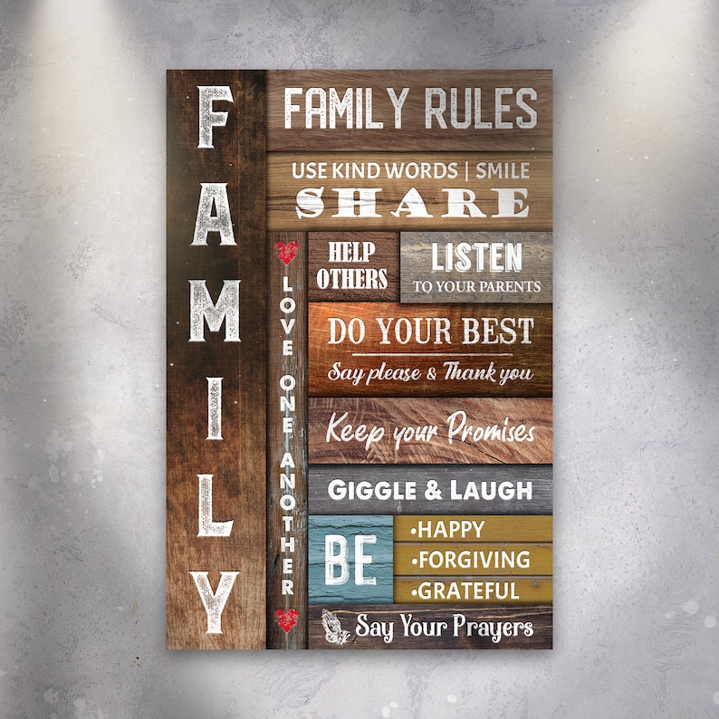 A farmhouse canvas sign with set of family rules on a wooden-inspired background.
