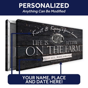 May include: A black and white sign with the text "Kurt & Kerry's farm house" and "Life is better on the farm". The sign also includes the text "Wallace, West Virginia" and "Established 2021".