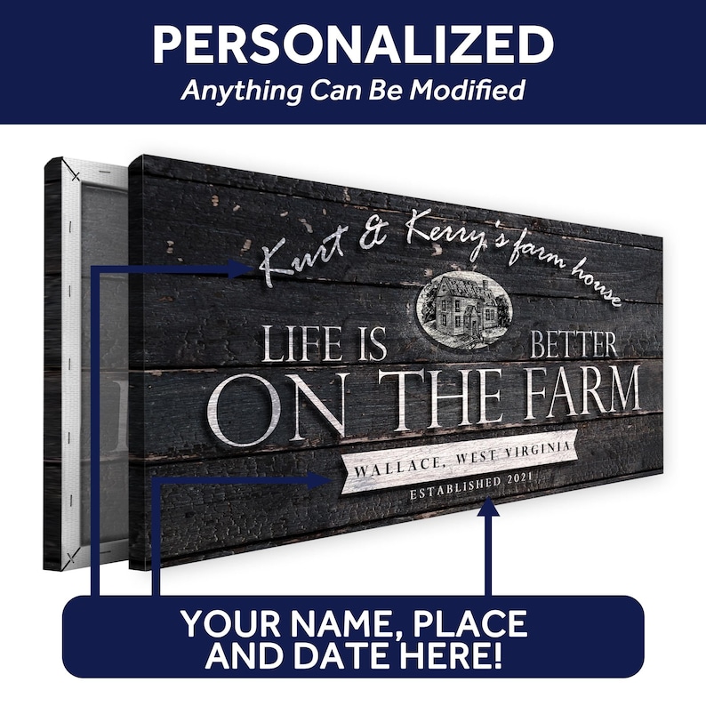 May include: A black and white sign with the text "Kurt & Kerry's farm house" and "Life is better on the farm". The sign also includes the text "Wallace, West Virginia" and "Established 2021".