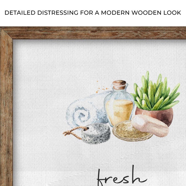 May include: A watercolor painting of a spa scene with a bottle of oil, a rolled towel, a loofah, a bar of soap, and a potted plant. The text "fresh" is written below the items.