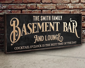 Basement Bar And Lounge Sign | Rustic Basement Bar Wall Decor | Man Cave Bar Signs | Bar Sign For Home Bar | Personalized Family Name Bar