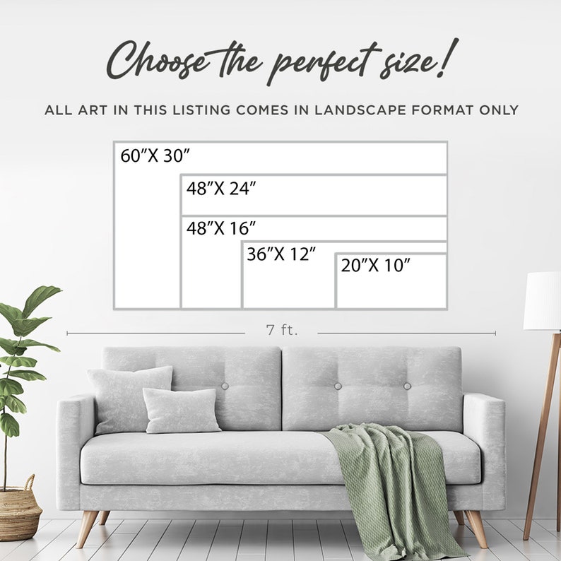 May include: A diagram showing different sizes of art prints, with measurements in inches, for a living room with a couch. The sizes are 60" x 30", 48" x 24", 48" x 16", 36" x 12", and 20" x 10".