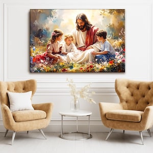 May include: A large canvas print depicts a serene scene of a man in white and red robes surrounded by three children in a colorful meadow. The artwork features soft lighting and vibrant floral details.