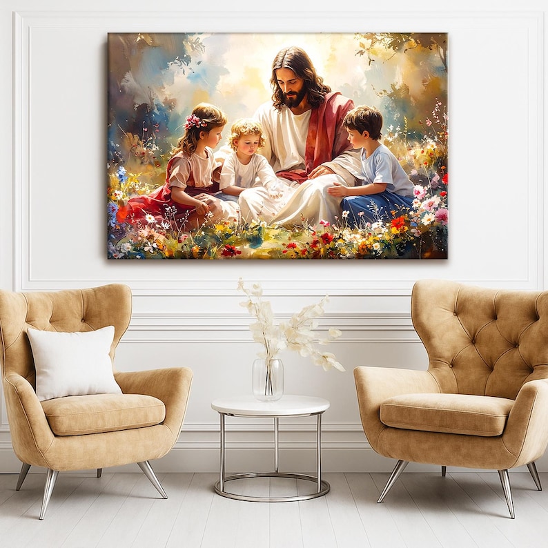 May include: A large canvas print depicts a serene scene of a man in white and red robes surrounded by three children in a colorful meadow. The artwork features soft lighting and vibrant floral details.