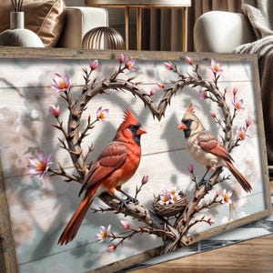 May include: A pair of red cardinals perched on a thorny branch, forming a heart shape with their bodies. The branch is adorned with delicate pink blossoms, creating a romantic and whimsical scene.