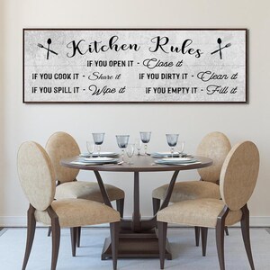 A Farmhouse Kitchen canvas sign with Kitchen rules on it on a distressed white wooden-inspired background.