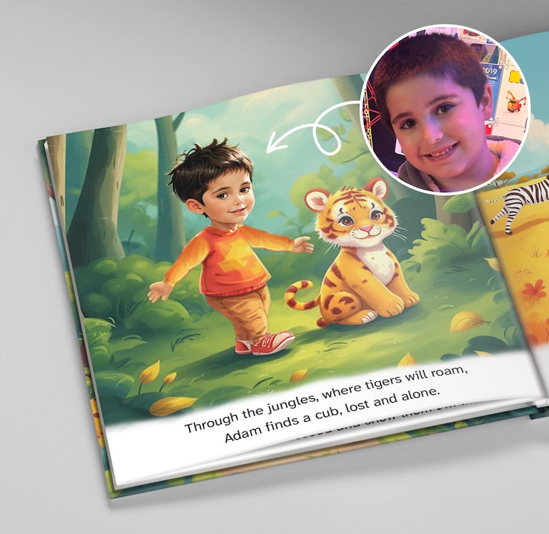Pu&ograve; includere: Illustrazione di un libro per bambini che mostra un bambino con una camicia arancione e pantaloni marroni con un cucciolo di tigre. Il testo recita: "Attraverso le giungle, dove le tigri vagheranno, Adam trova un cucciolo, perso e solo."