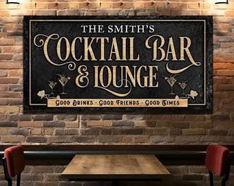 Cocktail Bar And Lounge Sign | Established Sign | Personalized Bar Sign | Cocktail Bar Canvas Sign | Man Cave Sign Decor | Cocktail Lounge