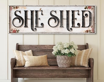She Shed Sign | She Shed Floral Canvas Decor | She Shed Wall Decor | Gift For Mom | Modern Farmhouse Decor | Rustic Garden Shed Wall Sign