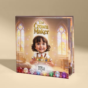 May include: A children's book titled "The Crown Maker" features a smiling child holding a jeweled crown. The cover art includes a golden crown, colorful gemstones, and the name "Mia". The background shows a stained-glass window.