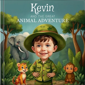 Pu&ograve; includere: Copertina di un libro per bambini intitolato "Kevin e la Grande Avventura Animale". L'illustrazione presenta un bambino sorridente in tenuta e cappello da safari, circondato da animali dei cartoni animati, tra cui un elefante, una tigre e una scimmia. Lo sfondo raffigura una scena della giungla.