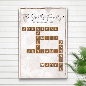 May include: A white canvas print with a brown wooden frame. The print features a scrabble tile word art design with the names "Jonathan", "Emily", "Benjamin", and "Jose" spelled out. The text "The Smiths Family Established 2018" is at the top of the print.
