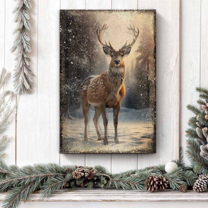 Vintage Winter Deer Christmas Wall Art | Rustic Woodland Holiday Decor ...