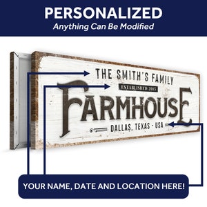 K&ouml;nnte beinhalten: Ein wei&szlig;es Holzschild mit dem Text "THE SMITH'S FAMILY ESTABLISHED 2015 FARMHOUSE DALLAS, TEXAS - USA". Das Schild ist ein personalisiertes Schild im Landhausstil, das mit einem Namen, Datum und Ort angepasst werden kann.