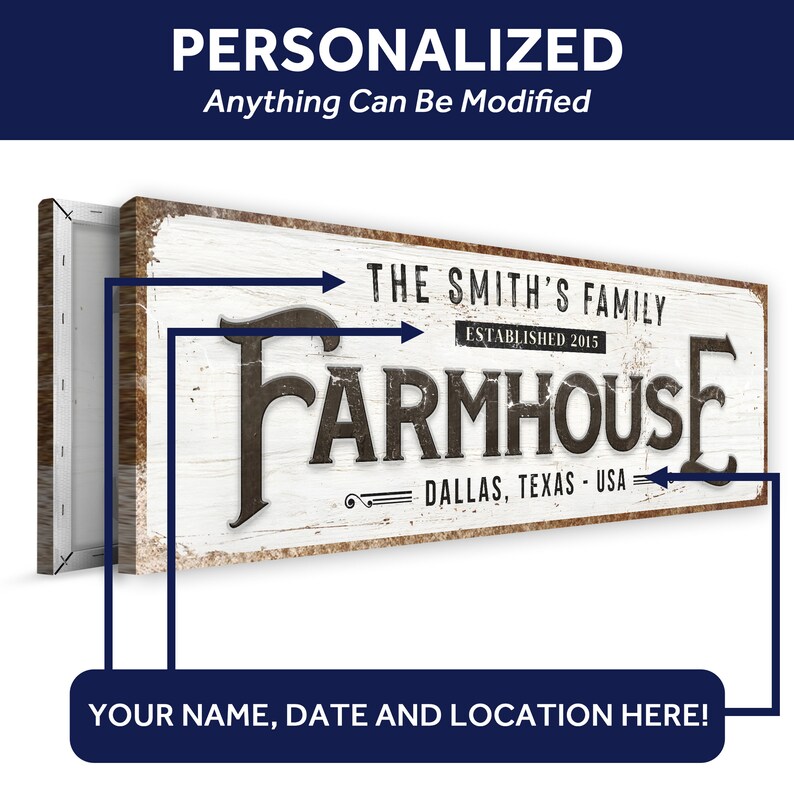 K&ouml;nnte beinhalten: Ein wei&szlig;es Holzschild mit dem Text "THE SMITH'S FAMILY ESTABLISHED 2015 FARMHOUSE DALLAS, TEXAS - USA". Das Schild ist ein personalisiertes Schild im Landhausstil, das mit einem Namen, Datum und Ort angepasst werden kann.