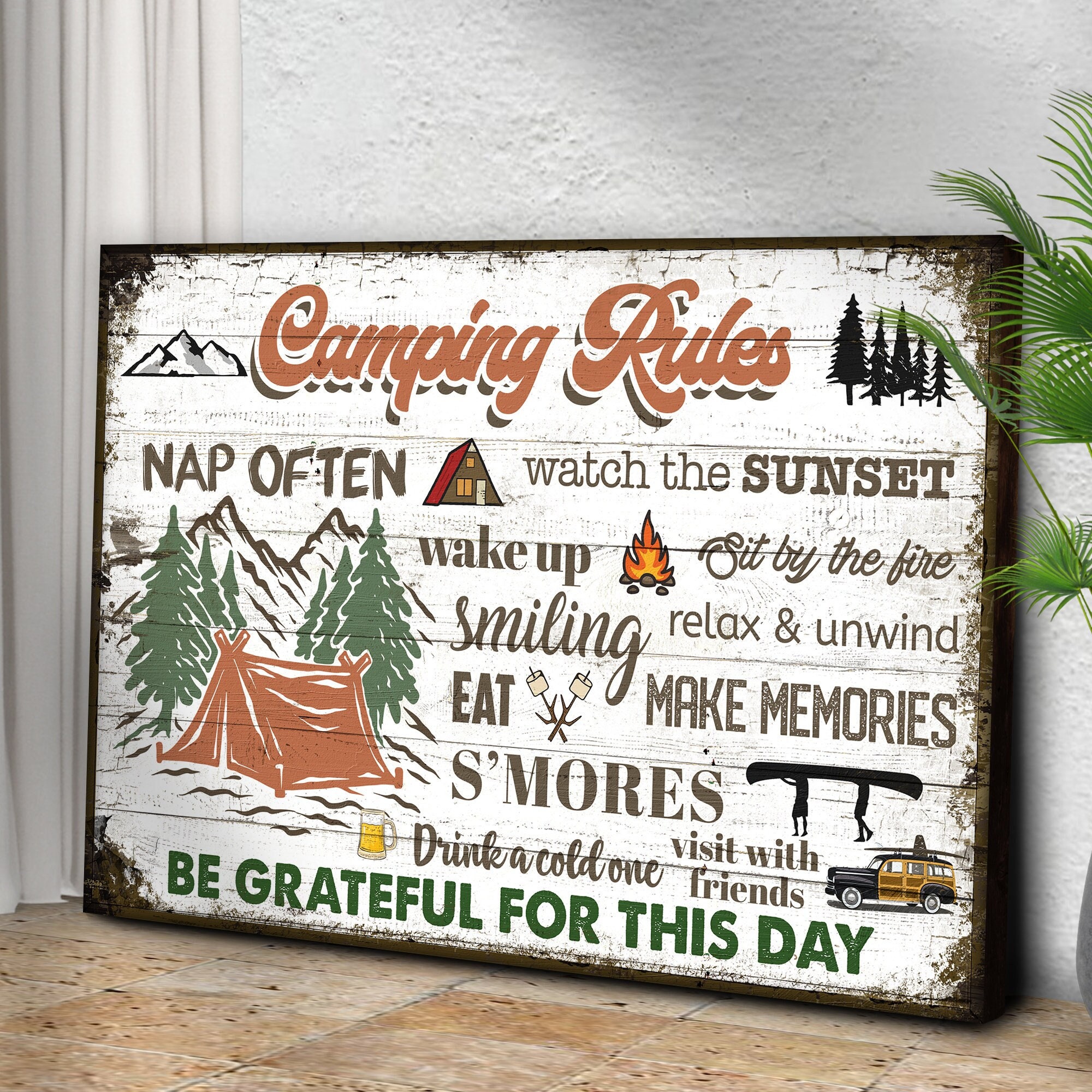 Wood Canvas Sign Camping Rules Camper Decor Wall Hanging Print Art