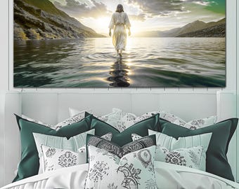 May include: A large rectangular canvas print depicting a figure in a white robe walking on water towards a bright sunset. The scene includes mountains, water, and a cloudy sky. The print is displayed above a bed with decorative pillows.