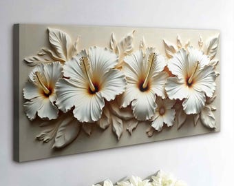 May include: A rectangular wall art piece featuring a relief of four white hibiscus flowers with yellow and brown centers and detailed leaves. The artwork is in a neutral color palette, creating a three-dimensional effect.