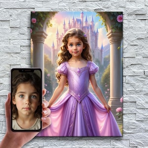 May include: A young girl dressed in a purple princess gown stands in front of a fairytale castle. She has long brown hair and blue eyes. The castle is pink and white with towers and turrets. The background is a soft sunset.