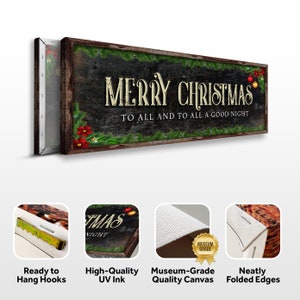 May include: A wooden sign with a black background and green garland. The sign reads "Merry Christmas to all and to all a good night". The sign has a distressed look and is ready to hang.