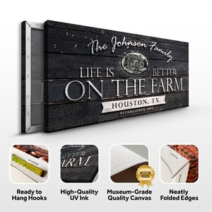 May include: A black and white canvas print with the text "The Johnson Family Life is Better On The Farm Houston, TX Established 2005". The print features a rustic woodgrain background and a small illustration of a farmhouse.