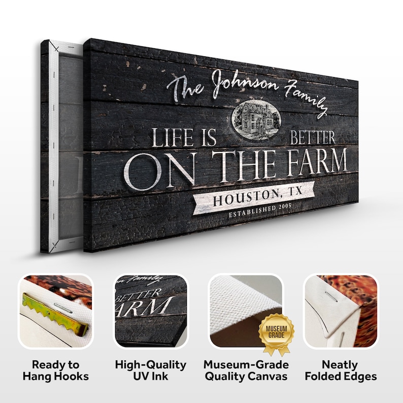 May include: A black and white canvas print with the text "The Johnson Family Life is Better On The Farm Houston, TX Established 2005". The print features a rustic woodgrain background and a small illustration of a farmhouse.