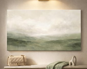 Muted Greens Canvas Art | Neutral Green Landscape Wall Art | Minimalist Abstract Nature Sign | Sage Green Wall Decor for Living Room Bedroom