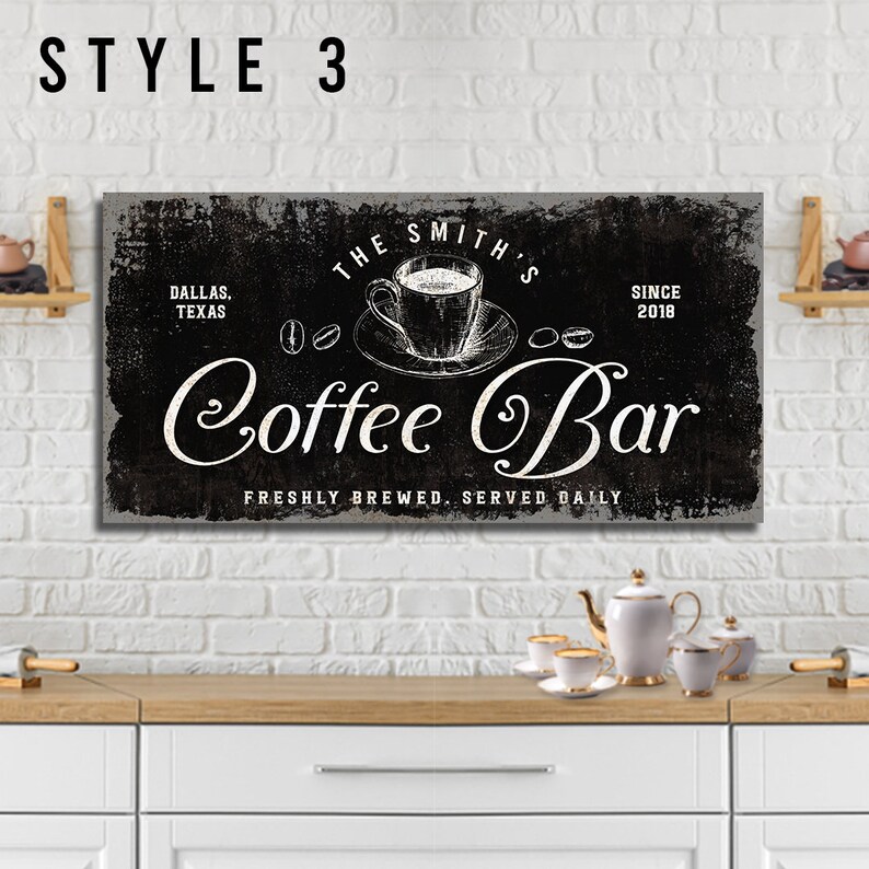 May include: Black and white sign with the text "The Smith's Coffee Bar" in a vintage style font. The sign also includes the text "Dallas, Texas" and "Since 2018".