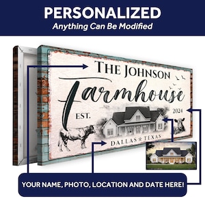 May include: A personalized farmhouse canvas print with the text "THE JOHNSON Farmhouse" and "DALLAS TEXAS". The design includes illustrations of a cow, a farmhouse, and the year 2024. The text "YOUR NAME, PHOTO, LOCATION AND DATE HERE!" is also present.
