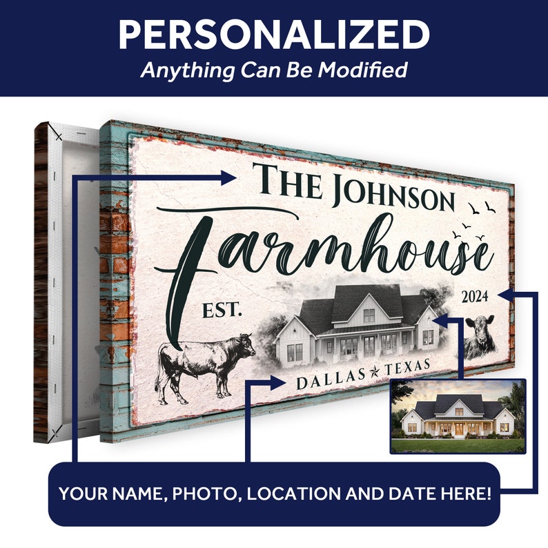 May include: A personalized farmhouse canvas print with the text "THE JOHNSON Farmhouse" and "DALLAS TEXAS". The design includes illustrations of a cow, a farmhouse, and the year 2024. The text "YOUR NAME, PHOTO, LOCATION AND DATE HERE!" is also present.