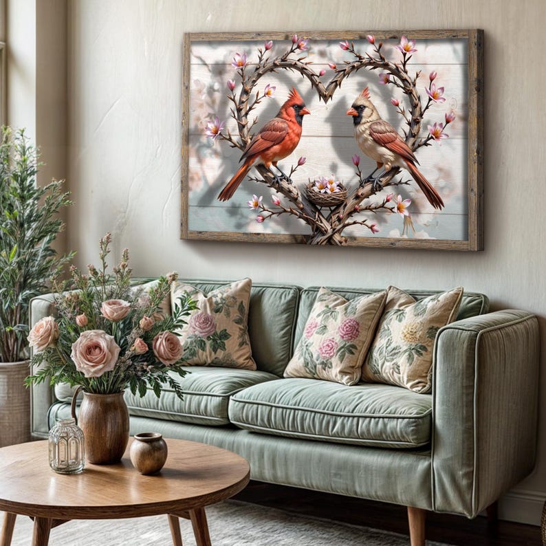 May include: A framed canvas print featuring a pair of red cardinals perched on a heart-shaped branch with pink blossoms. The cardinals are facing each other, and a small nest with eggs is visible in the center of the heart.