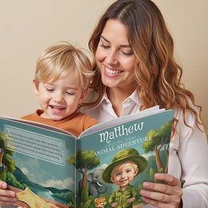 Pu&ograve; includere: Una madre e un bambino sorridono mentre leggono un libro per bambini. La copertina del libro presenta un'illustrazione di un ragazzino in tenuta da safari, con il titolo "Matthew e la Grande Avventura Animale". Il testo del libro include la frase "Per ogni giovane sognatore".