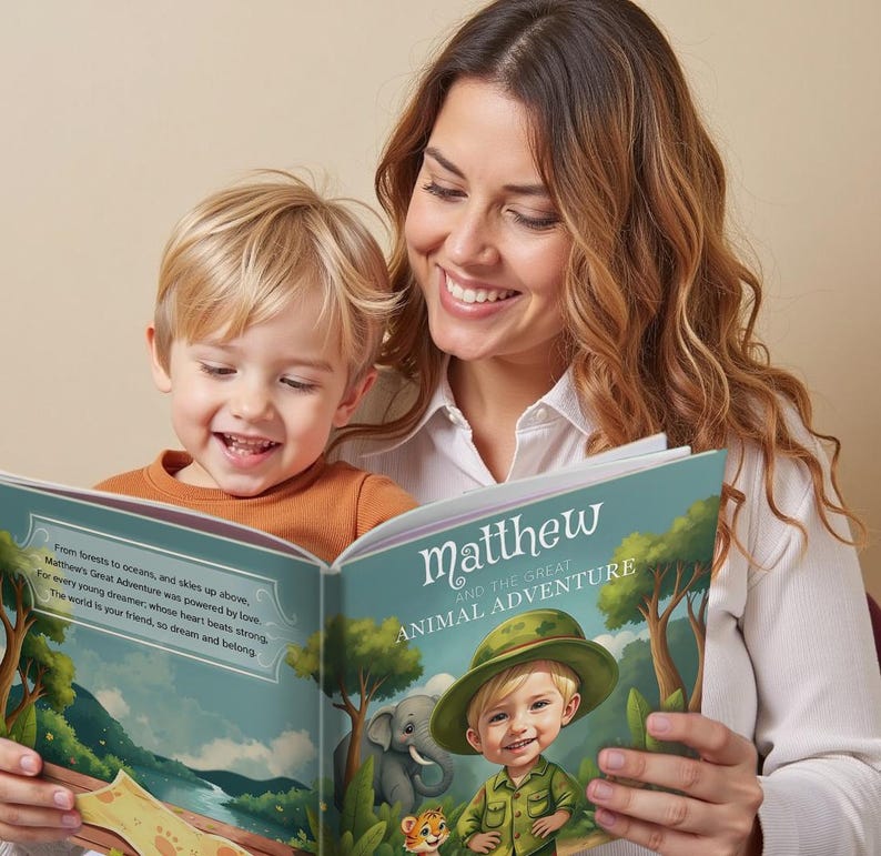 Pu&ograve; includere: Una madre e un bambino sorridono mentre leggono un libro per bambini. La copertina del libro presenta un'illustrazione di un ragazzino in tenuta da safari, con il titolo "Matthew e la Grande Avventura Animale". Il testo del libro include la frase "Per ogni giovane sognatore".